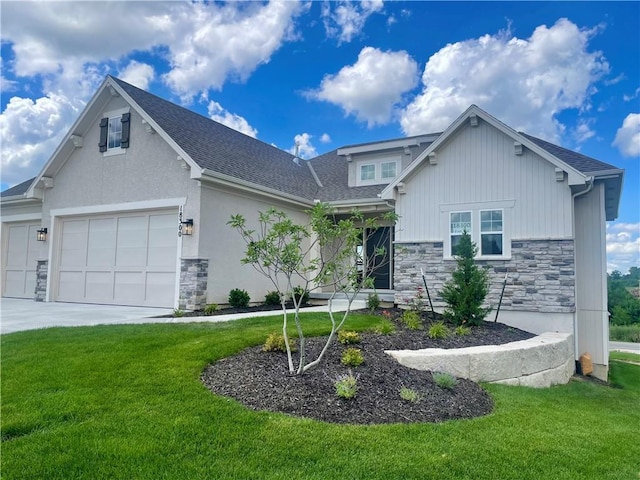18300 Monrovia St, Overland Park, KS 66013 - view of front facade with stone siding, a front yard, a garage, driveway, and a shingled roof