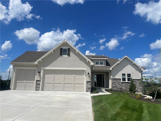18300 Monrovia St, Overland Park, KS 66013 - craftsman-style house featuring stone siding, driveway, a garage, roof with shingles, and a front yard