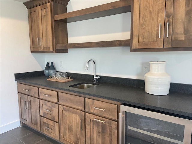 18300 Monrovia St, Overland Park, KS 66013 - kitchen with open shelves, beverage cooler, dark countertops, and dark tile patterned flooring