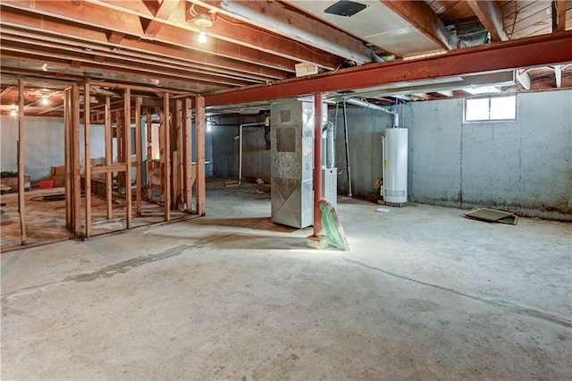 basement featuring heating unit and gas water heater