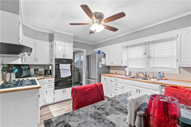 kitchen with white cabinets, appliances with stainless steel finishes, sink, and crown molding