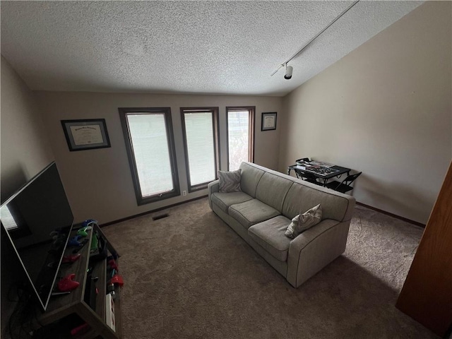 carpeted living area with a textured ceiling and visible vents