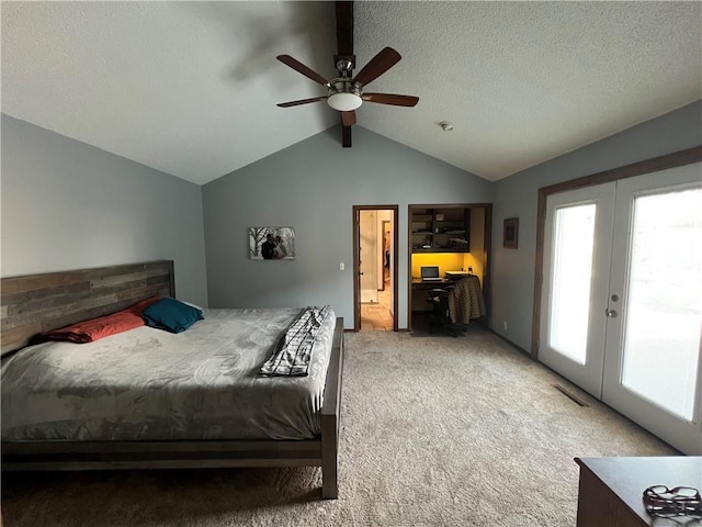bedroom featuring ceiling fan, visible vents, vaulted ceiling, light carpet, and french doors