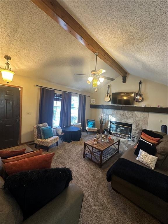 living room with ceiling fan, a textured ceiling, vaulted ceiling with beams, and carpet flooring