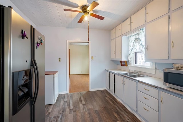 kitchen featuring white cabinetry, ceiling fan, appliances with stainless steel finishes, dark hardwood / wood-style flooring, and sink