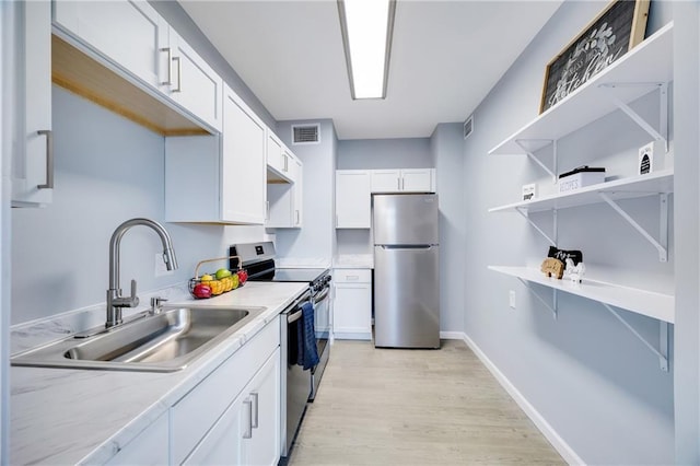 kitchen featuring white cabinetry, sink, light hardwood / wood-style floors, and appliances with stainless steel finishes