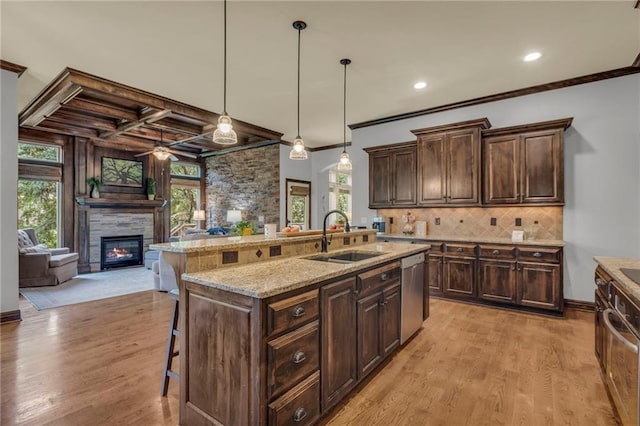 kitchen with a fireplace, a sink, open floor plan, stainless steel dishwasher, and decorative backsplash