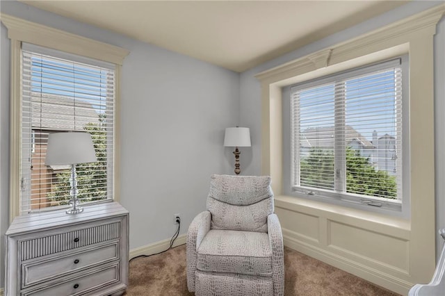 sitting room featuring carpet floors, plenty of natural light, and baseboards