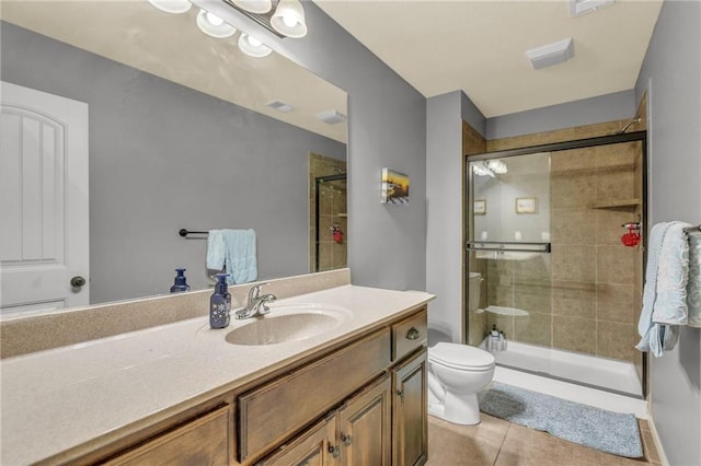 bathroom with toilet, visible vents, vanity, tile patterned floors, and a stall shower