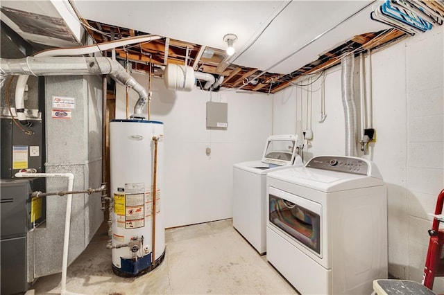 laundry room with gas water heater, washer and clothes dryer, and laundry area