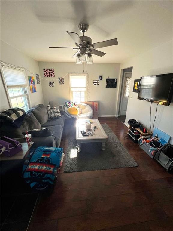 living room featuring ceiling fan and dark hardwood / wood-style flooring