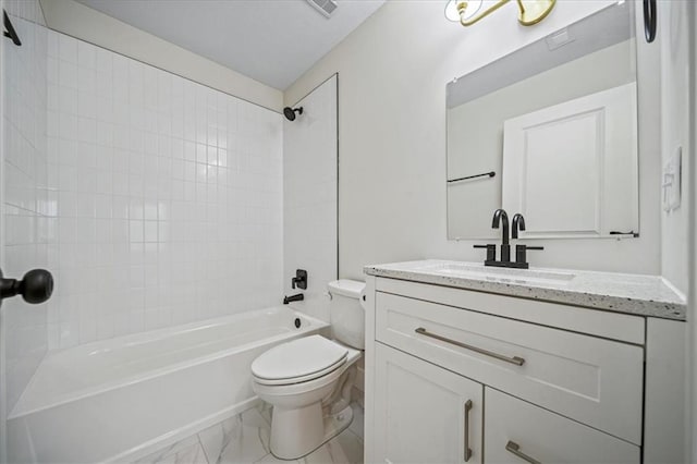 full bathroom with washtub / shower combination, vanity, and toilet