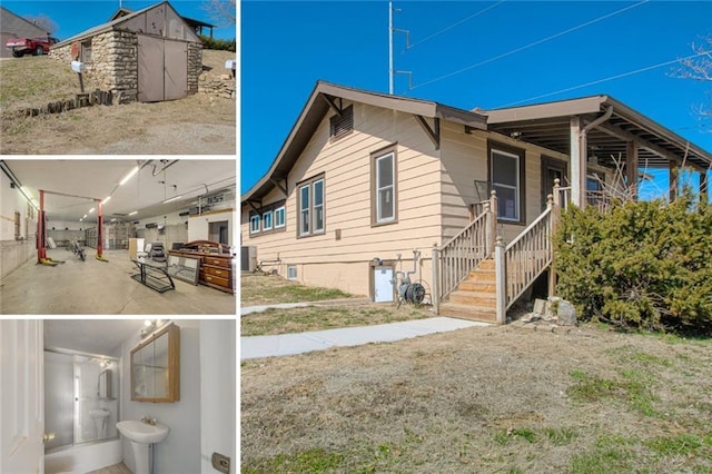 view of property exterior with cooling unit, a storage unit, an outdoor structure, and a sink