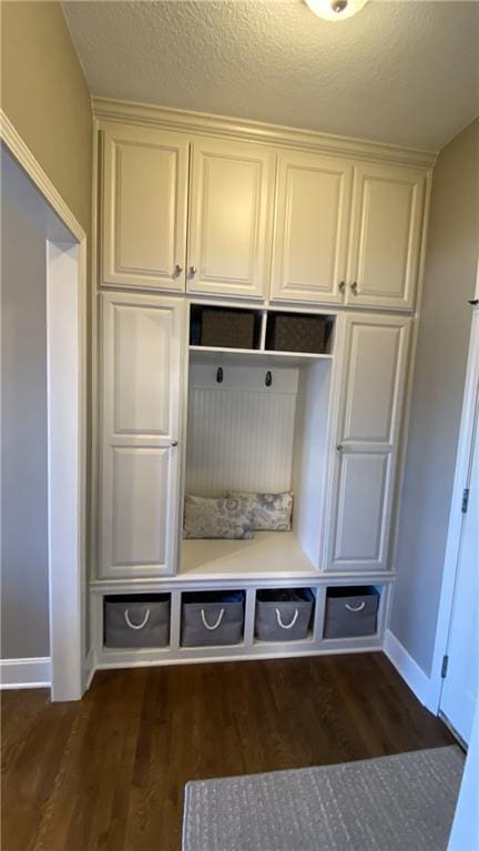 mudroom with dark wood-type flooring and a textured ceiling