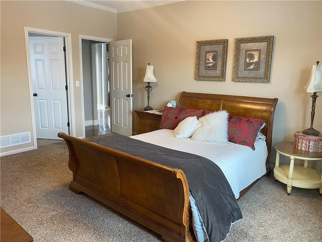 bedroom featuring carpet and crown molding