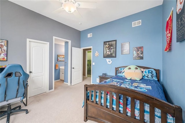 carpeted bedroom with ceiling fan