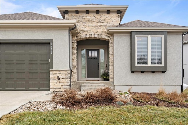 doorway to property featuring a garage, stone siding, driveway, and stucco siding