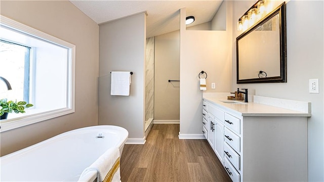 bathroom with vanity, wood-type flooring, and independent shower and bath