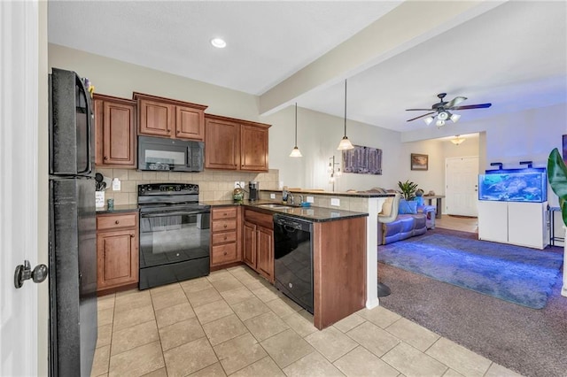 kitchen with black appliances, backsplash, hanging light fixtures, kitchen peninsula, and beam ceiling