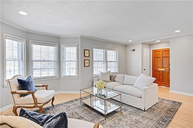 living room with hardwood / wood-style floors and ornamental molding