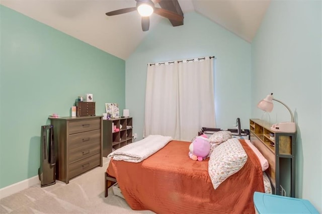 carpeted bedroom with lofted ceiling and ceiling fan