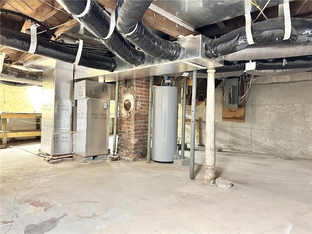 basement with electric panel and gas water heater