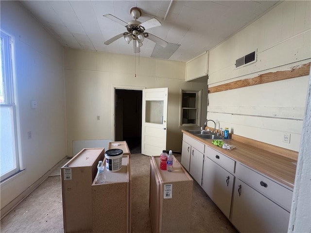 kitchen featuring ceiling fan and sink