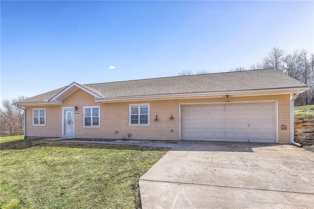 ranch-style home with driveway, roof with shingles, a garage, and a front yard