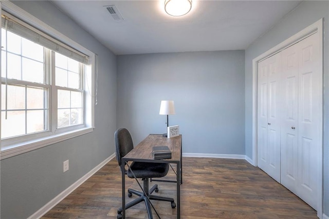 office area with baseboards, visible vents, and dark wood-style flooring