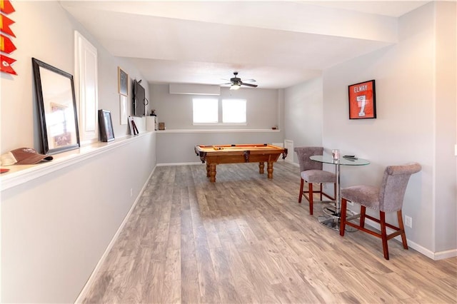 playroom with light wood-type flooring, ceiling fan, and billiards