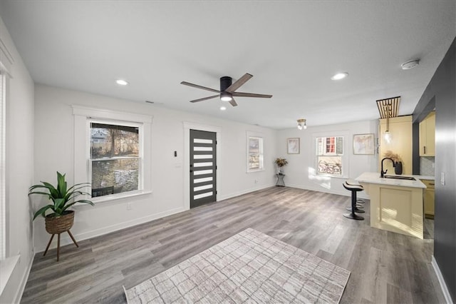 entryway with sink, light hardwood / wood-style flooring, and ceiling fan