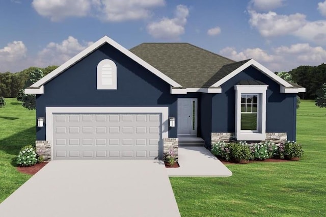 view of front of property featuring a garage and a front lawn