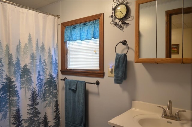 bathroom featuring walk in shower and vanity