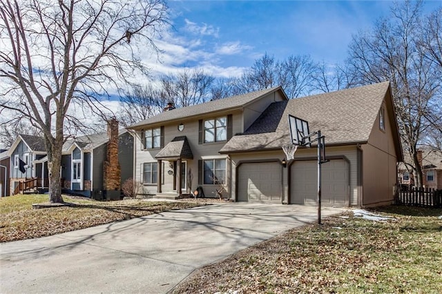 view of front facade with a garage, concrete driveway, roof with shingles, and a front lawn