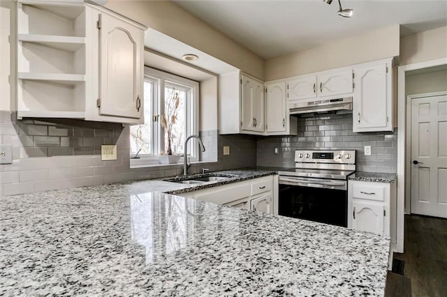 kitchen with stainless steel electric range oven, a sink, white cabinets, and under cabinet range hood