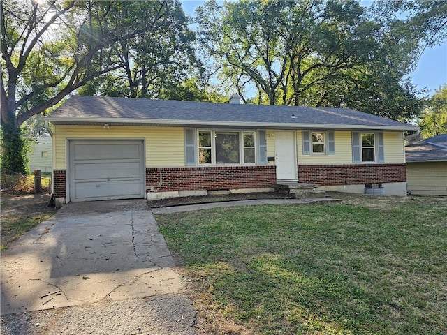 ranch-style house with a front lawn and a garage