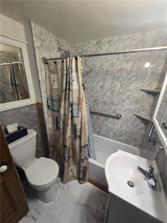 full bathroom featuring toilet, tile walls, sink, and shower / bath combination with curtain