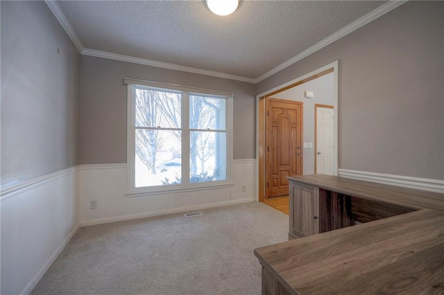 carpeted empty room with ornamental molding and a textured ceiling