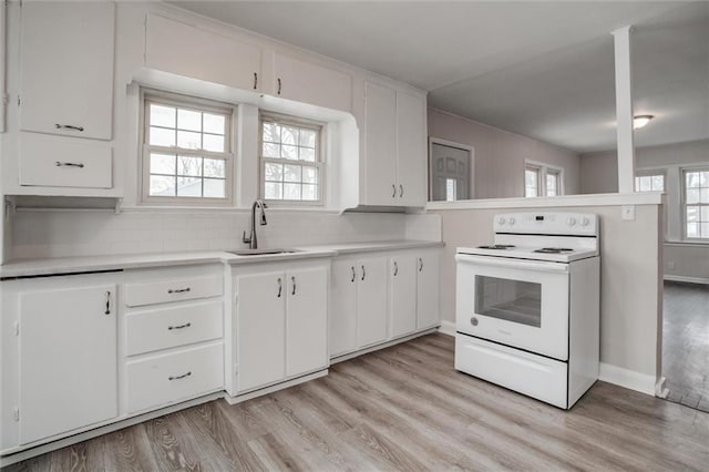 kitchen featuring white cabinets, white range with electric stovetop, light hardwood / wood-style floors, sink, and kitchen peninsula