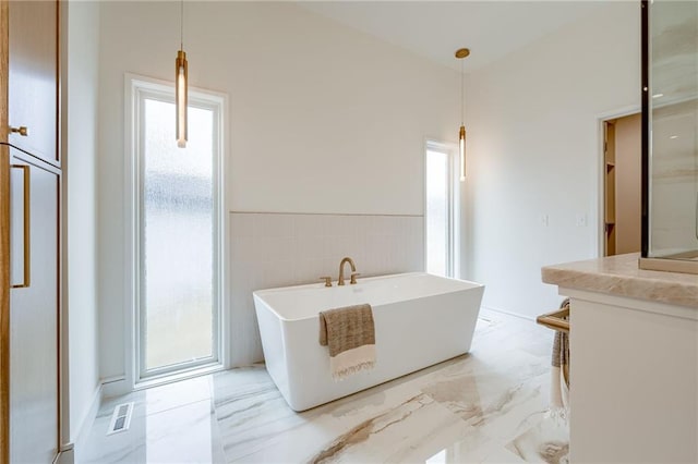 bathroom featuring a bathing tub, a healthy amount of sunlight, tile walls, and vanity