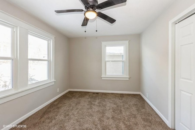 carpeted spare room with ceiling fan and a wealth of natural light