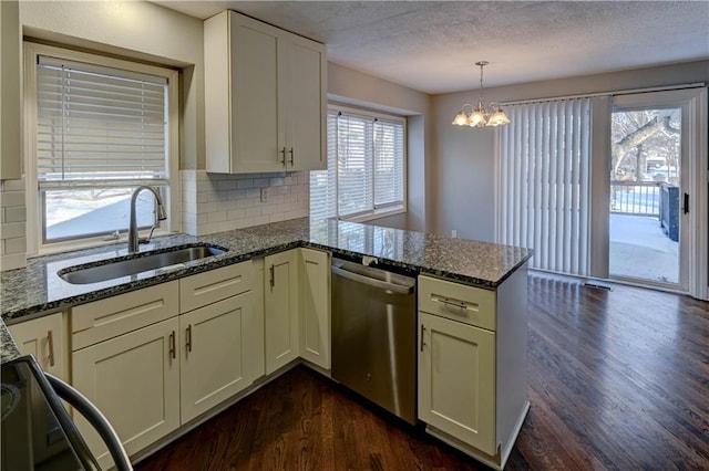 kitchen featuring backsplash, dishwasher, dark stone countertops, kitchen peninsula, and sink