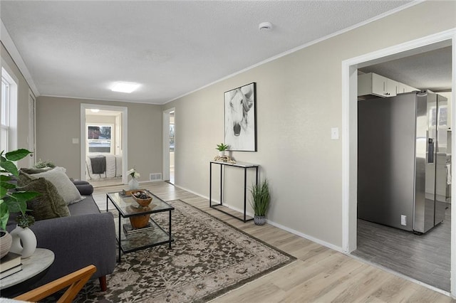 living room with crown molding, a healthy amount of sunlight, light hardwood / wood-style flooring, and a textured ceiling