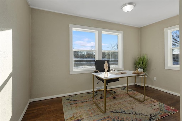 office space featuring dark wood-type flooring