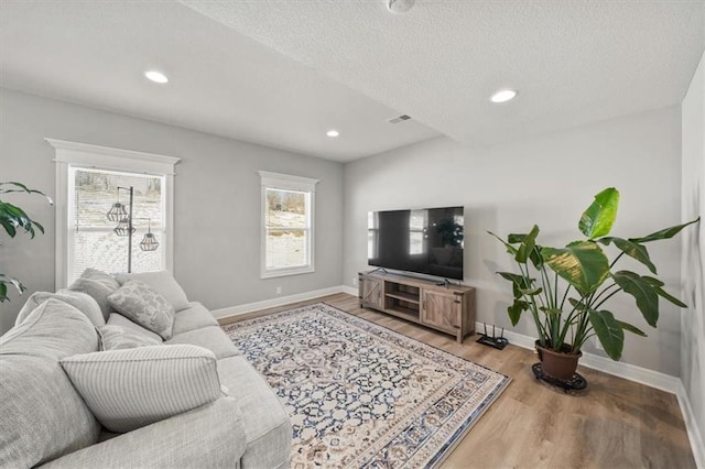 living room featuring hardwood / wood-style flooring and a textured ceiling