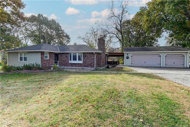 ranch-style home featuring a front lawn and a carport