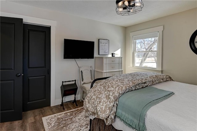 bedroom with dark hardwood / wood-style floors and a closet