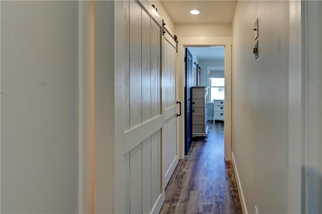 corridor featuring a barn door and dark hardwood / wood-style flooring