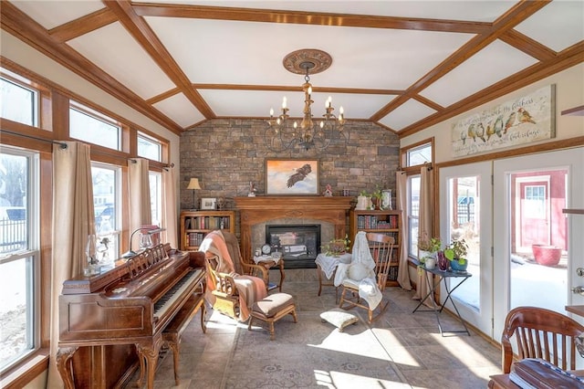 interior space with an inviting chandelier and lofted ceiling