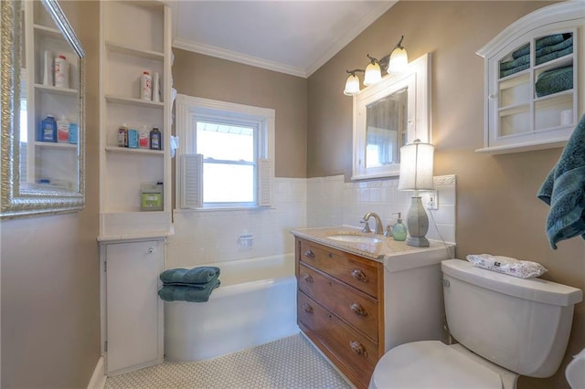 bathroom featuring toilet, tile walls, ornamental molding, vanity, and a bath